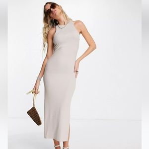 ASOS Bershka ribbed racer midi dress in stone